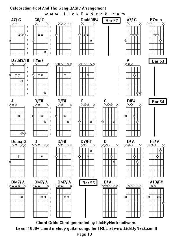 Chord Grids Chart of chord melody fingerstyle guitar song-Celebration-Kool And The Gang-BASIC Arrangement,generated by LickByNeck software.